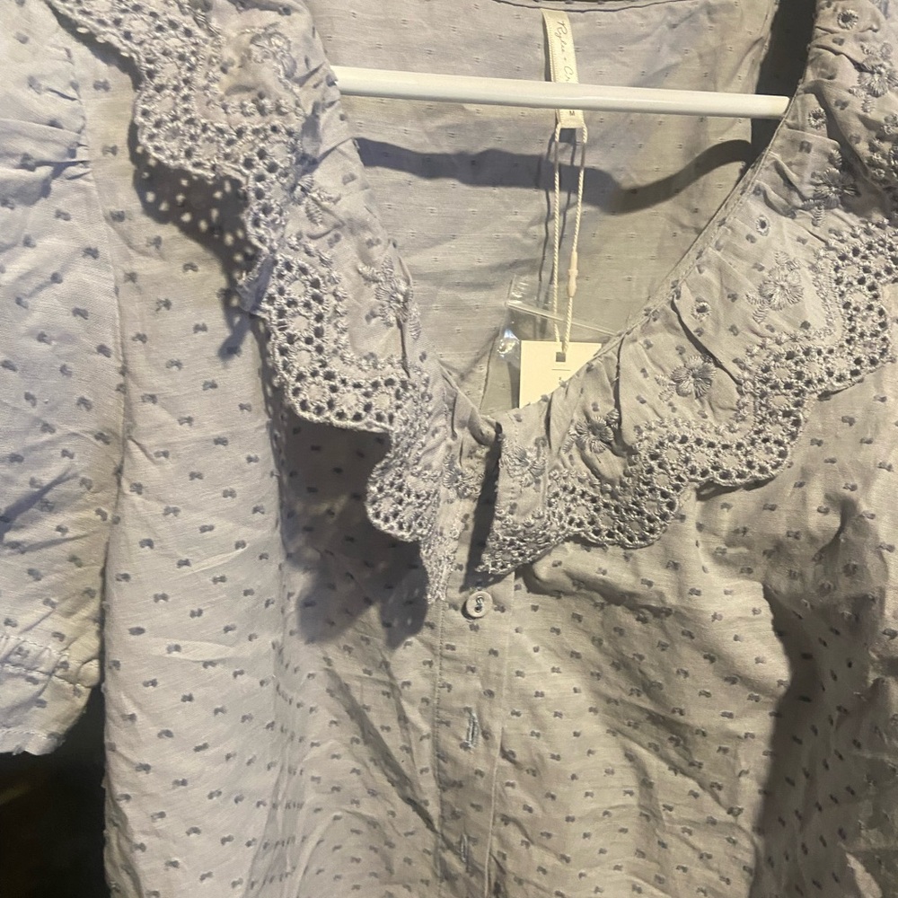 Dusty Blue Ruffle Collar Button Front Blouse Rylee & Cru - Picture 5 of 5